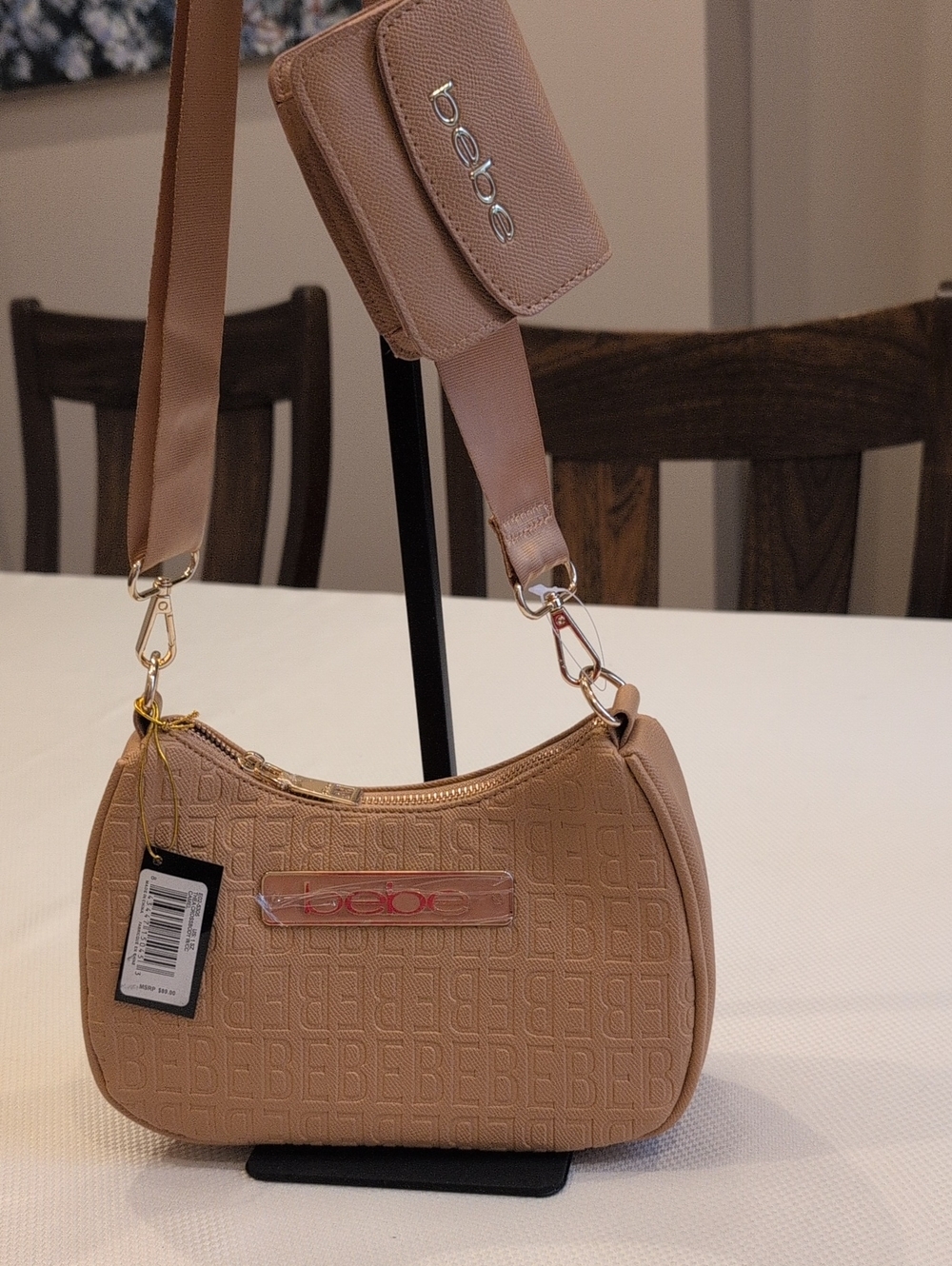 bebe Beige/Tan Textured Logo Crossbody Bag with Removable Strap